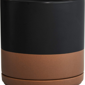 8 Inch Ceramic Planter Pot with Drainage Hole and Saucer, Indoor Cylinder round Planter Pot, Black/Speckled Tan, 94-O-D-7