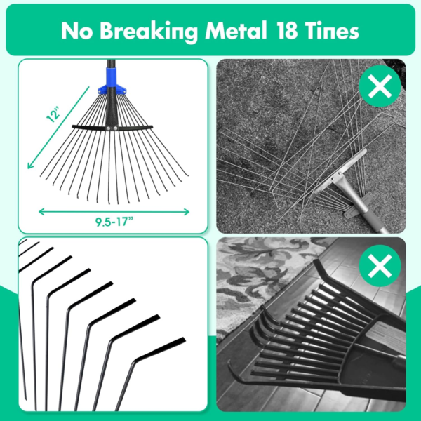 Garden Leaf Rake with Expandable Head from 9.5 Inch to 17 Inch, Collapsible Lawn - Image 2