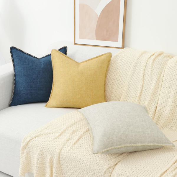 Spring Decorative Outdoor Throw Pillow Covers 18X18 Set of 2, Square Linen Rustic Farmhouse Pillow Covers with Stitched Edge for Couch, Sofa, Living Room, Beige - Image 8
