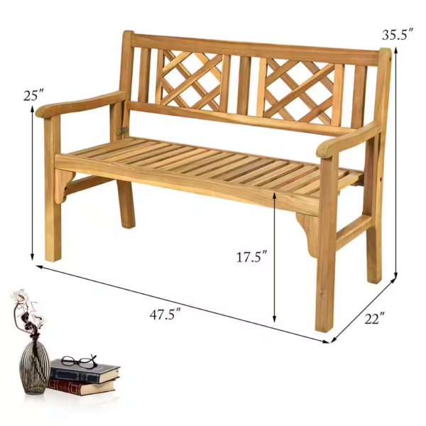 3-Person Acacia Wood Outdoor Bench Folding Armrest - Image 2