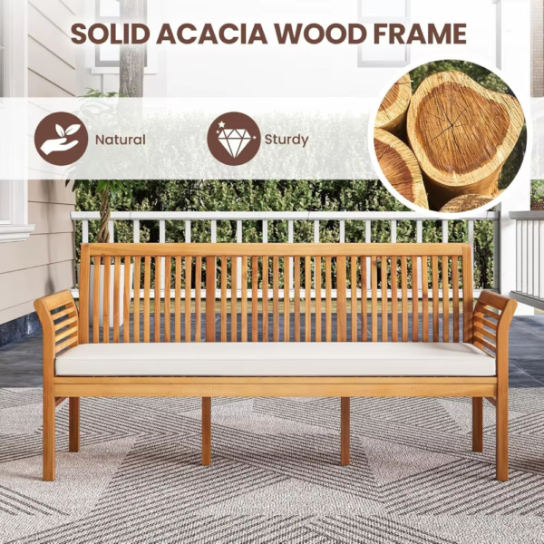 62.5’’ Outdoor Bench Acacia Wood - 3-Person Patio Bench W/Backrest, Armrests & Removable Seat Cushion, Slatted Wooden Garden - Image 6