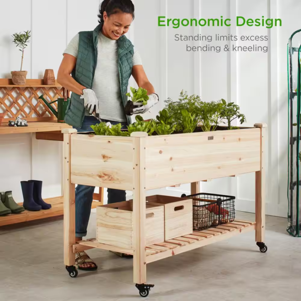 48 In. X 24 In. X 32 In. Wood Raised Garden Bed with Lockable Wheels, Liner - Image 2