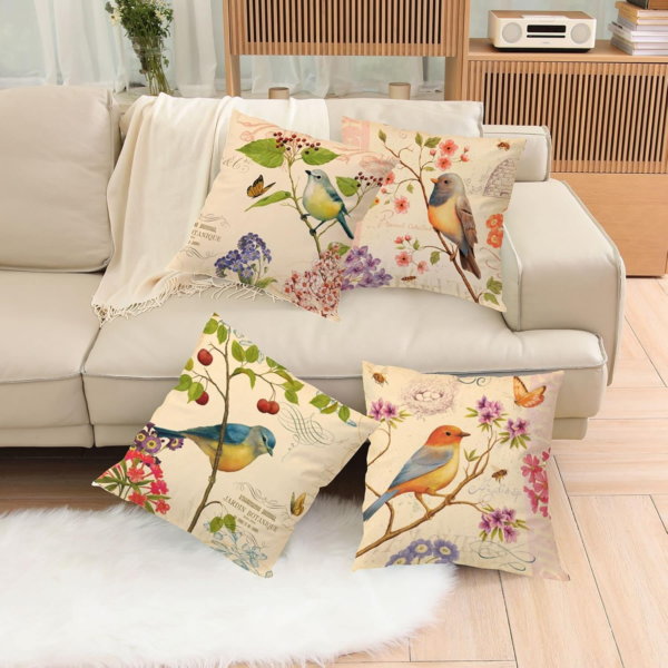 Spring Outdoor Bird Flower Decorative Throw Pillow Covers Both Sides Hummingbird Print Design Linen 16X16 Set of 4 with Zipper for Patio Home Couch Sofa Bedroom Decor - Image 8