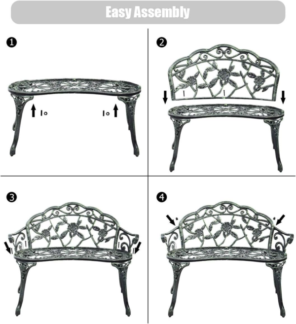 Outdoor Garden Bench Iron Patio Benches for Outdoors, Porch Bench Chair with Curved Legs Cast Aluminum Rose Antique Style, Green - Image 6