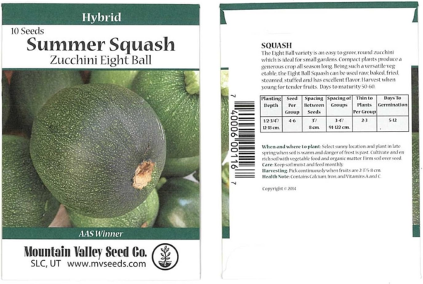 Eight Ball Hybrid Zucchini Summer Squash Garden Seeds - 10 Seed Packet - Non-Gmo - Vegetable Gardening Seed