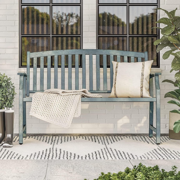 Farmhouse Outdoor Bench, Garden Benches with Anti-Rust Aluminum Metal Frame, Faux Wood Grain Finish Frame Patio Bench for Front Porch, Weathered Blue - Image 2