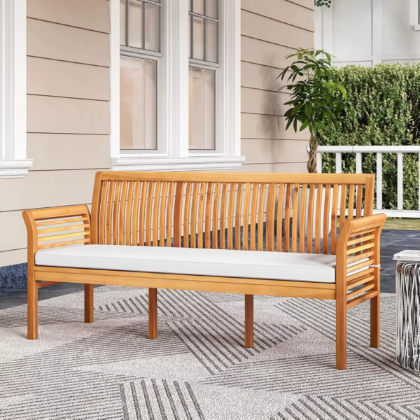 62.5’’ Outdoor Bench Acacia Wood - 3-Person Patio Bench W/Backrest, Armrests & Removable Seat Cushion, Slatted Wooden Garden - Image 2