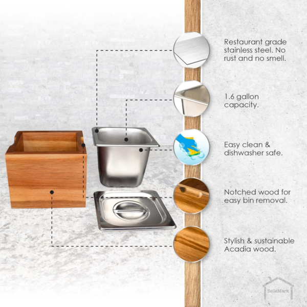 Kitchen Compost Bin- Rust Proof Stainless Steel Insert, Countertop Compost Bin with Lid and Acacia Wood Box- Small Compost Bin Kitchen - Image 2
