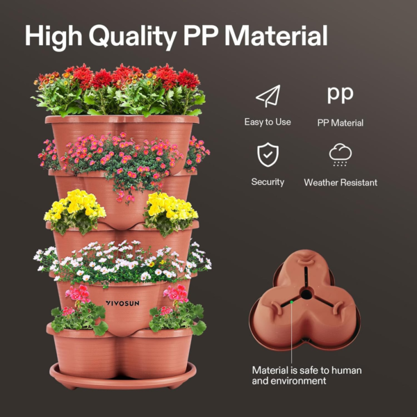 5 Tier Vertical Gardening Stackable Planter for Strawberries, Flowers, Herbs, Vegetables, Brown - Image 3