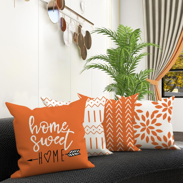 Fall Pillow Covers 18X18 Set of 4, Modern Sofa Throw Pillow Cover for Fall Decor, Decorative Outdoor Linen Fabric Pillow Case for Couch Bed Car, Orange - Image 3