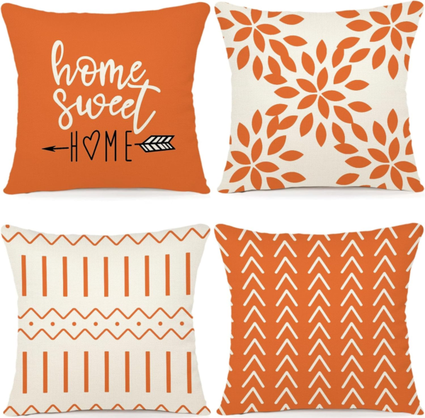 Fall Pillow Covers 18X18 Set of 4, Modern Sofa Throw Pillow Cover for Fall Decor, Decorative Outdoor Linen Fabric Pillow Case for Couch Bed Car, Orange