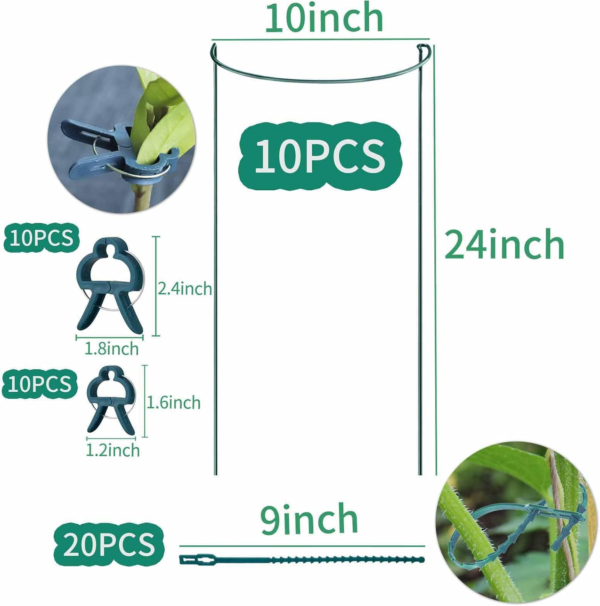 10 Pack Garden Supports for Plants Metal 10" Wide X 24" High Interlock Half round Garden Plant Support Ring Border Support Plant Support Ring Cage for Rose Flowers Vine Tomato - Image 2