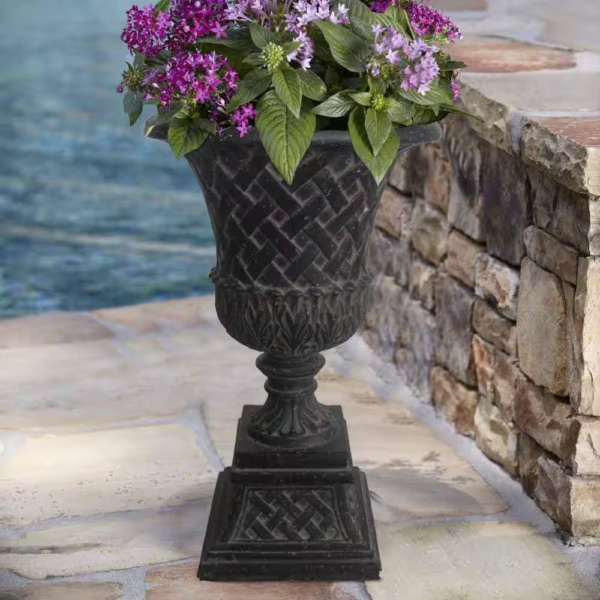 16.25 In. X 26.5 In. Cast Stone Fiberglass Lattice Urn and Pedestal in Aged Charcoal - Image 2