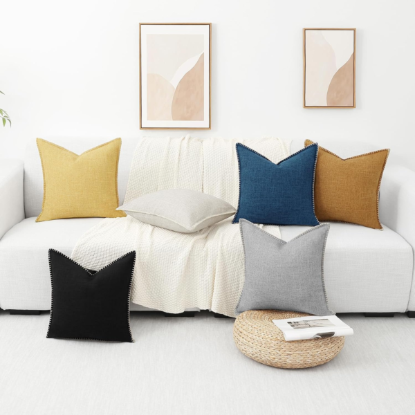 Spring Decorative Outdoor Throw Pillow Covers 18X18 Set of 2, Square Linen Rustic Farmhouse Pillow Covers with Stitched Edge for Couch, Sofa, Living Room, Beige - Image 5
