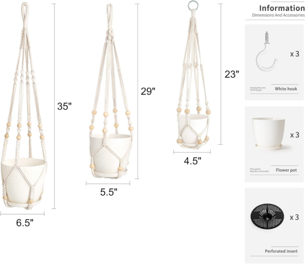 3 Pack Macrame Plant Hangers with Pots, 35"/29"/23" Indoor Different Size Hanging Planter Basket Flower Pot Holder with Saucers & Hooks No Tassels (Plastic Pots Included), Medium, Ivory - Image 5