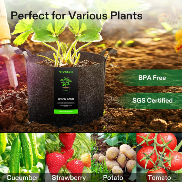 5-Pack 5 Gallon Grow Bags Heavy Duty 300G Thickened Nonwoven Plant Fabric Pots with Handles - Image 7