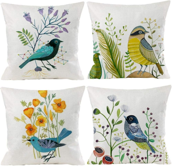 Bird Decorative Pillow Covers Spring Style Throw Pillow Cover Cushion Case Outdoor Flower Bird Set for Sofa Bed Couch Car Office 18X18 Inch Set of 4