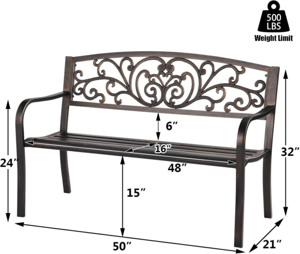Patio Garden Bench Outdoor Metal Bench Park Yard Furniture Cast Iron Loveseats with Armrests for Porch Backyard Lawn Deck - Image 2