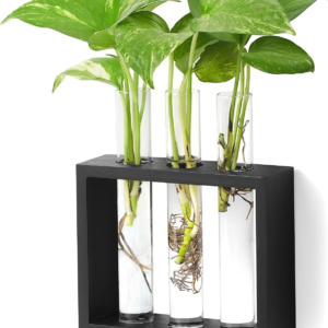 Wall Hanging Plant Propagation Station 3 Tubes with Wooden Stand Desktop Plant Terrarium for Hydroponic Plants, Home Office Decor Planter Gardening Gifts, Black