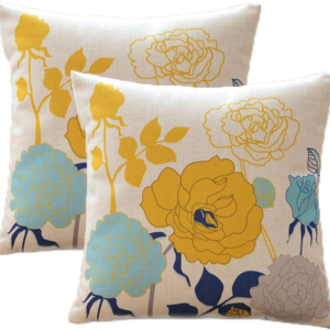 Floral Spring Summer Pillow Covers 18X18 Pack of 2 Farmhouse Cotton Linen Outdoor Pillow Covers for Patio Furniture Porch Blue and Yellow Throw Pillow Covers for Couch Sofa Bed Chair