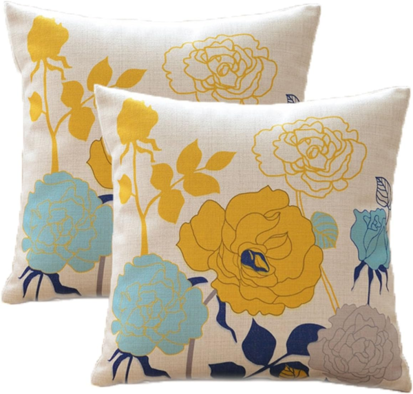Floral Spring Summer Pillow Covers 18X18 Pack of 2 Farmhouse Cotton Linen Outdoor Pillow Covers for Patio Furniture Porch Blue and Yellow Throw Pillow Covers for Couch Sofa Bed Chair