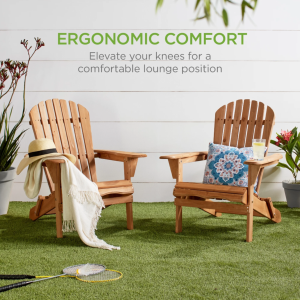 Folding Adirondack Chair Outdoor, Wooden Accent Lounge Furniture W/ 350Lb Capacity - Natural - Image 7