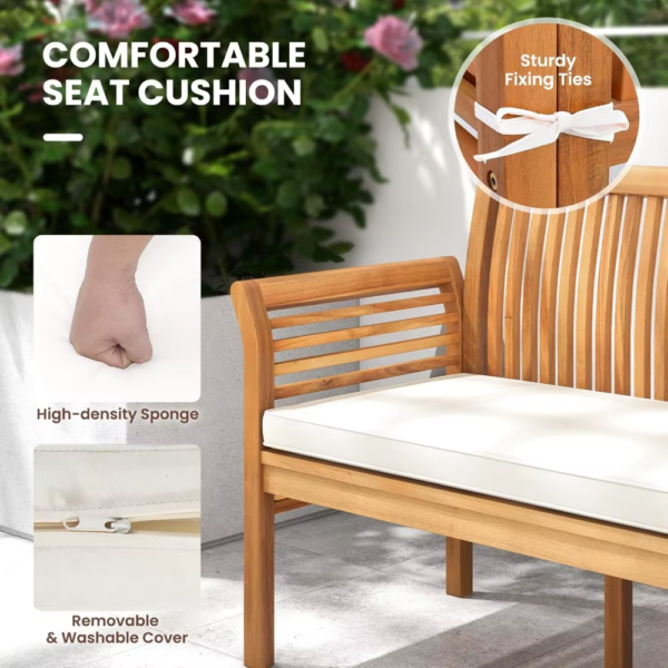 62.5’’ Outdoor Bench Acacia Wood - 3-Person Patio Bench W/Backrest, Armrests & Removable Seat Cushion, Slatted Wooden Garden - Image 5