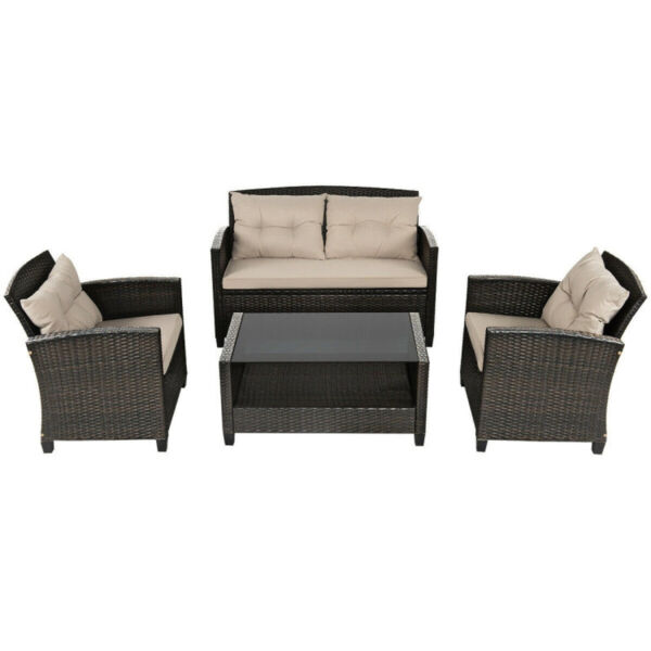 4 Pieces Outdoor Rattan Furniture Set with Glass Table - Image 3