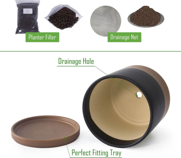 8 Inch Ceramic Planter Pot with Drainage Hole and Saucer, Indoor Cylinder round Planter Pot, Black/Speckled Tan, 94-O-D-7 - Image 4