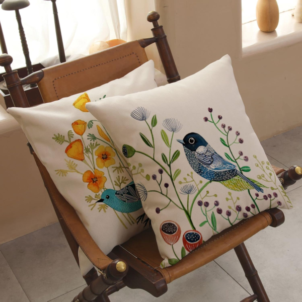 Bird Decorative Pillow Covers Spring Style Throw Pillow Cover Cushion Case Outdoor Flower Bird Set for Sofa Bed Couch Car Office 16X16 Inch Set of 4 - Image 6