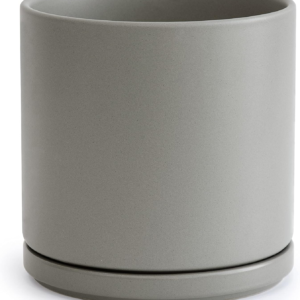 8 Inch Ceramic Planter Pot with Drainage Hole and Saucer, Indoor Cylinder round Planter Pot, Grey, 94-O-D-3