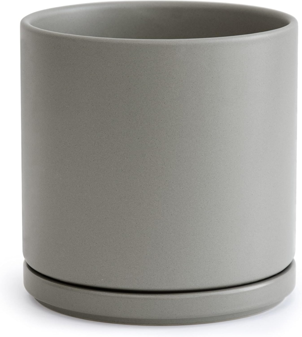 8 Inch Ceramic Planter Pot with Drainage Hole and Saucer, Indoor Cylinder round Planter Pot, Grey, 94-O-D-3