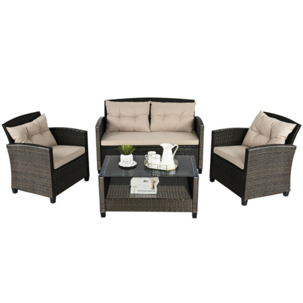 4 Pieces Outdoor Rattan Furniture Set with Glass Table - Image 4