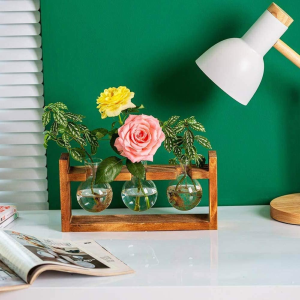 Plant Propagation Station Glass Terrarium Planter Flower Vase with Retro Solid Wooden Stand for Home Kitchen Indoor Garden Wedding Desktop Decor, 3 Bulb Vase - Image 2