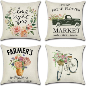 Set of 4 Decorative Throw Pillow Covers 18X18 Inches, Spring Flowers Waterproof Cushion Covers, Perfect to Outdoor Patio Garden Living Room Sofa Farmhouse Decor