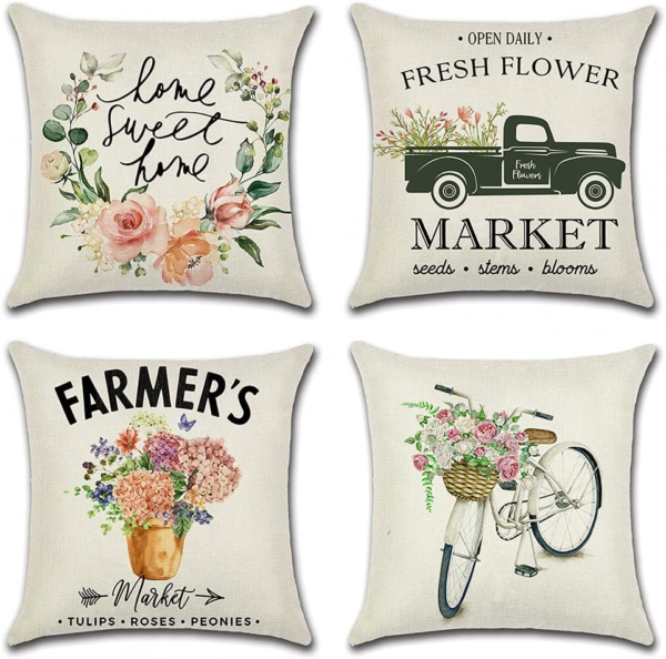 Set of 4 Decorative Throw Pillow Covers 18X18 Inches, Spring Flowers Waterproof Cushion Covers, Perfect to Outdoor Patio Garden Living Room Sofa Farmhouse Decor