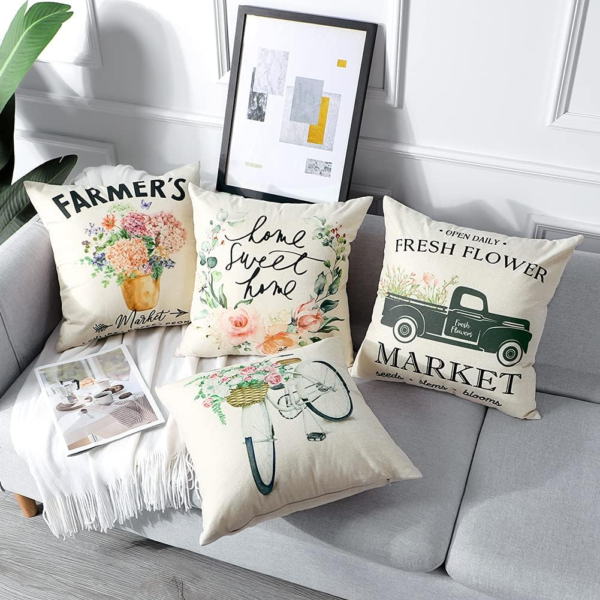 Set of 4 Decorative Throw Pillow Covers 18X18 Inches, Spring Flowers Waterproof Cushion Covers, Perfect to Outdoor Patio Garden Living Room Sofa Farmhouse Decor - Image 2