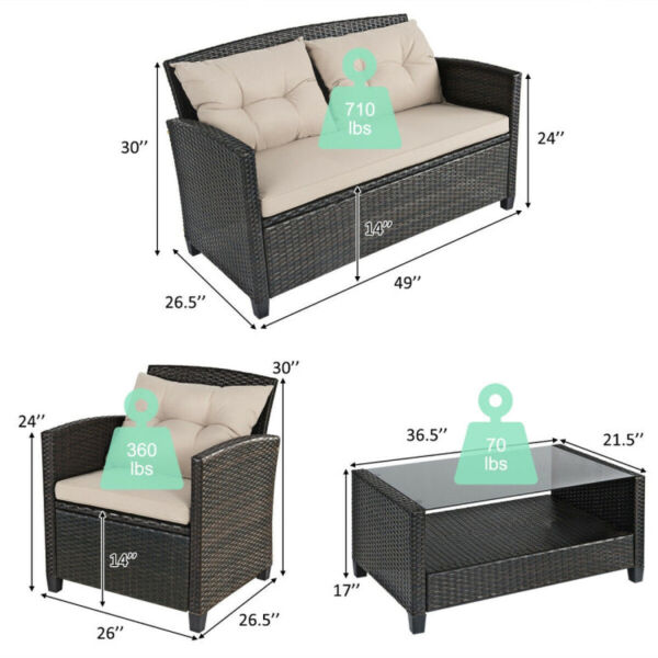4 Pieces Outdoor Rattan Furniture Set with Glass Table - Image 5