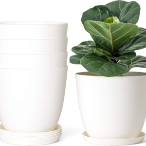 7.5" Plastic Plant Pots with Saucers, Indoor Set of 5, Cream White
