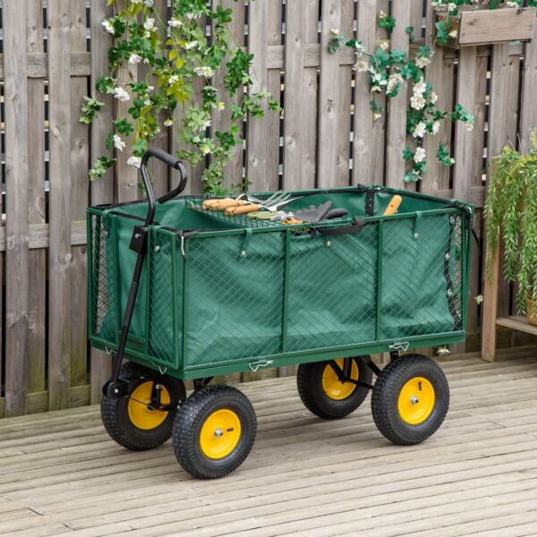 Large 4 Wheel Heavy Duty Garden Trolley Cart Wheelbarrow with Handle and Metal Frame - Green - Image 2