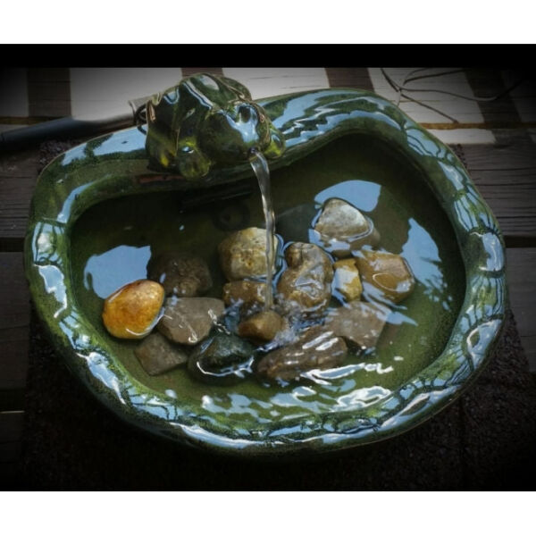 Green Glazed Ceramic Fountain Bird Bath with Frog and Solar Pump - Image 2