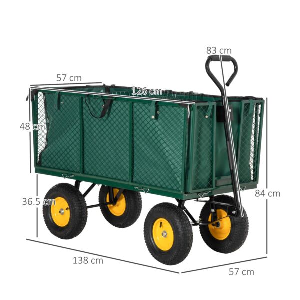 Large 4 Wheel Heavy Duty Garden Trolley Cart Wheelbarrow with Handle and Metal Frame - Green - Image 3
