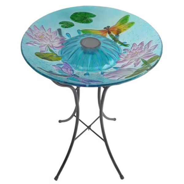 Outdoor Glass Bowl Bird Bath with Black Metal Stand and Solar Powered Light - Image 2