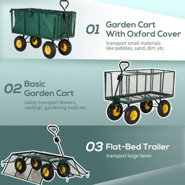 Large 4 Wheel Heavy Duty Garden Trolley Cart Wheelbarrow with Handle and Metal Frame - Green - Image 5