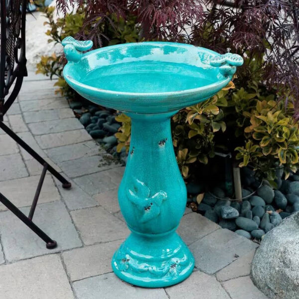 Outdoor Turquoise Blue Ceramic Birdbath - Image 2