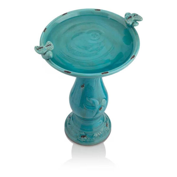 Outdoor Turquoise Blue Ceramic Birdbath - Image 3