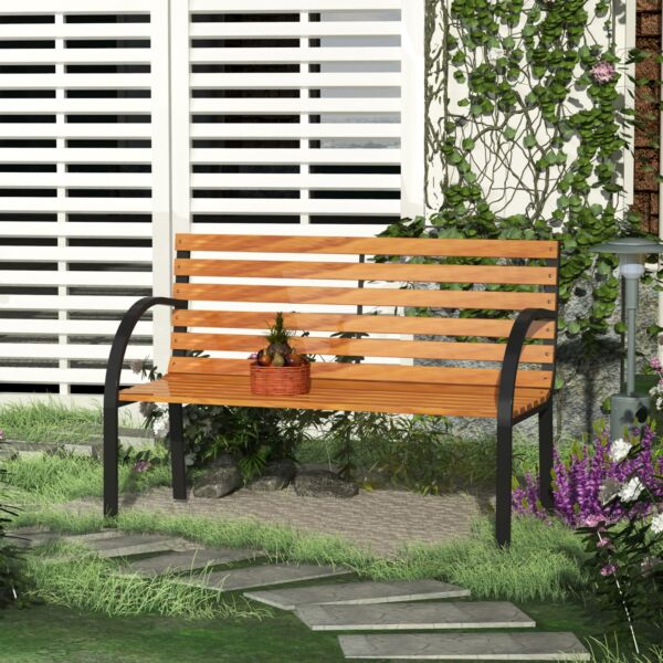 Wooden Garden Bench Park Bench 2 Seater Love Chair Outdoor Patio Porch Furniture w/ Sturdy Metal Frame - Image 2