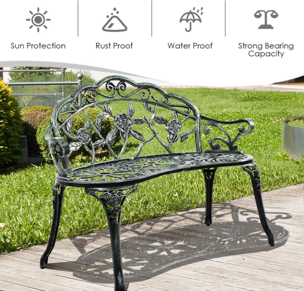 Outdoor Garden Bench Iron Patio Benches for Outdoors, Porch Bench Chair with Curved Legs Cast Aluminum Rose Antique Style, Green - Image 4