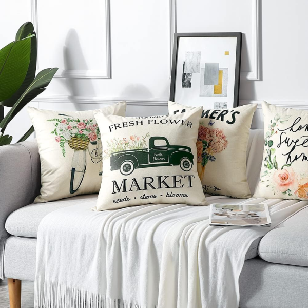 Set of 4 Decorative Throw Pillow Covers 18X18 Inches, Spring Flowers Waterproof Cushion Covers, Perfect to Outdoor Patio Garden Living Room Sofa Farmhouse Decor - Image 3