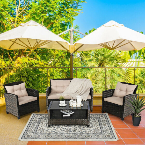 4 Pieces Outdoor Rattan Furniture Set with Glass Table - Image 2